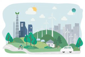 Image depicting a climate vision city including wind energy turbines, a cyclist and solar panels.